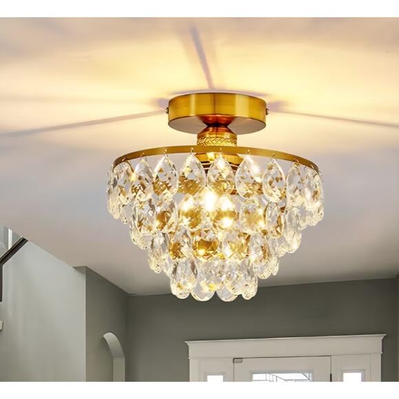 YYJLX Modern Crystal Semi Flush Mount Gold Ceiling Light Fixture 9.8" E26 - Picture 9 of 11